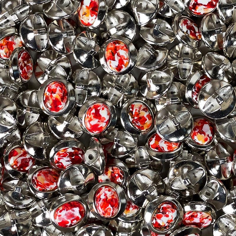 bouton ancien plastique rouge et argenté rond arrondi vintage 1970 1980 18mm