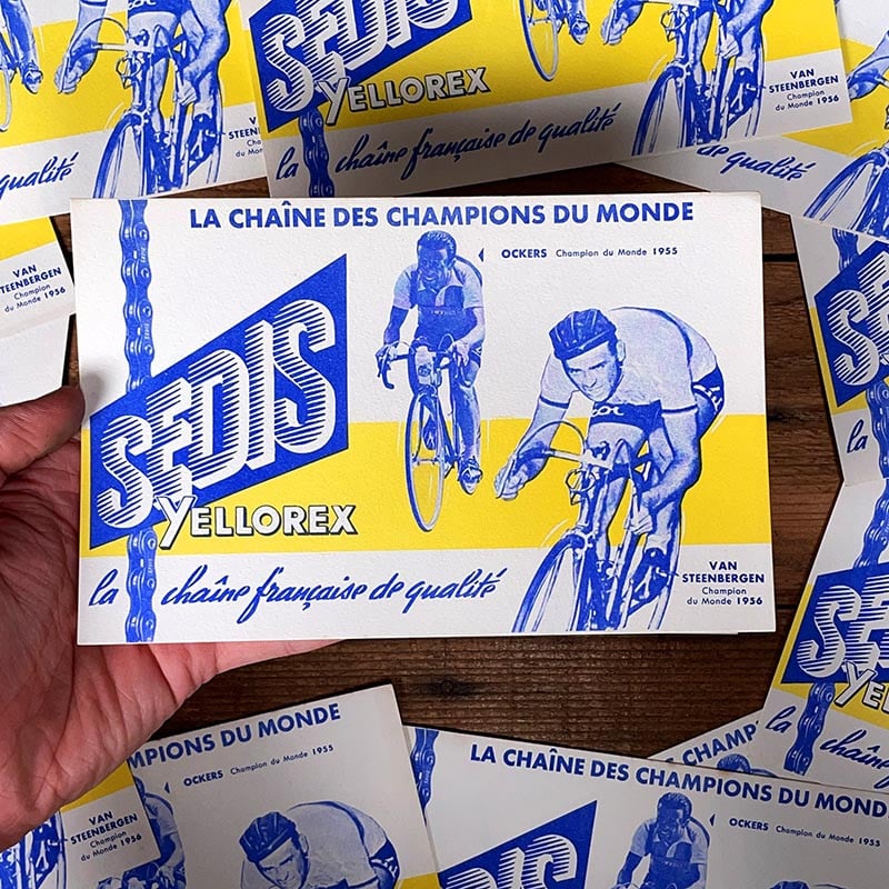 buvard publicitaire ancien vintage chaine de vélo cycle yellorex sedis 1955 1956 illustration 1960 1950