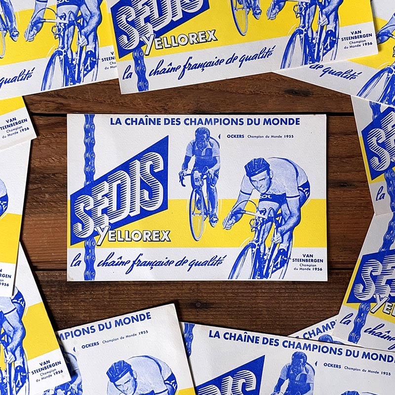 buvard publicitaire ancien vintage chaine de vélo cycle yellorex sedis 1955 1956 illustration 1960 1950