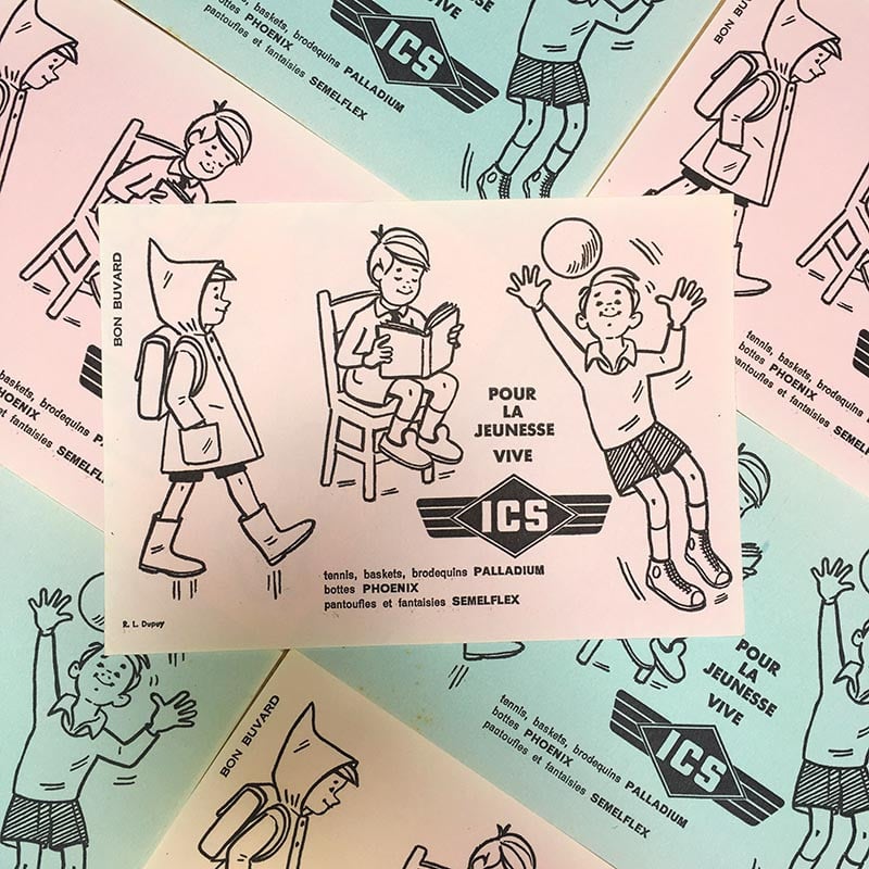 buvard publicitaire ancien vintage botte chaussure ics palladium illustration 1960