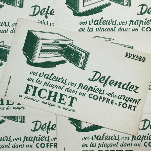 buvard publicitaire ancien coffre fort fichet illustration 1950 1960