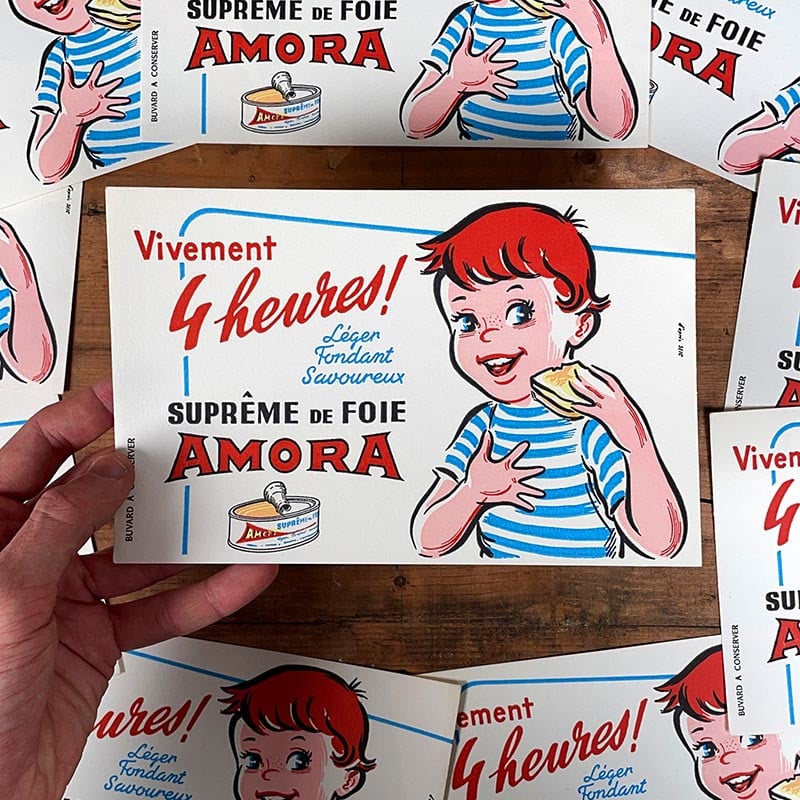 buvard publicitaire ancien vintage moutarde amora suprême de foie illustration 1960 1950