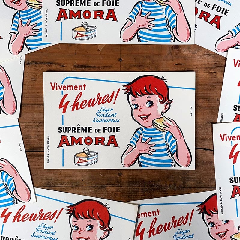 buvard publicitaire ancien vintage moutarde amora suprême de foie illustration 1960 1950