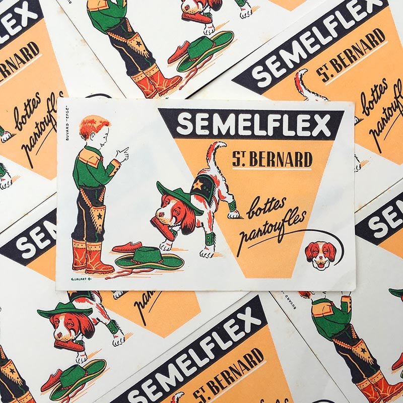 buvard publicitaire ancien vintage botte semelflex saint bernard pantoufle chaussures illustration 1960