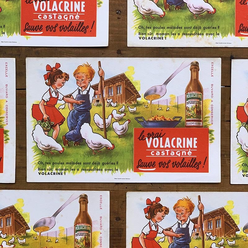 buvard publicitaire ancien vintage volcacrine castagné nourriture volaille poulet illustration 1960 1950
