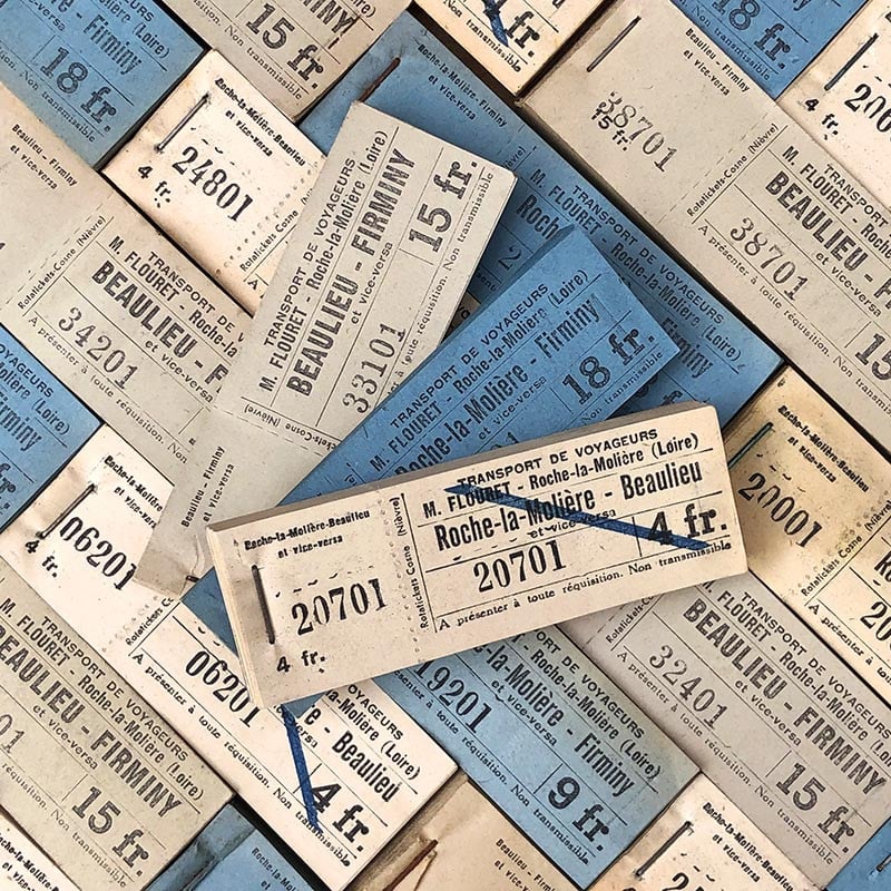 carnet de 100 tickets de bus car papier firminy beaulieu 1930 m flouret loire numéroté individuel numero unique ancien vintage