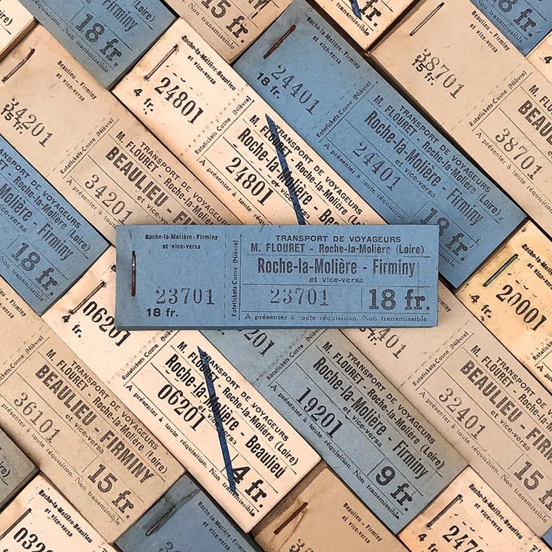 carnet de 100 tickets de bus car papier firminy beaulieu 1930 m flouret loire numéroté individuel numero unique ancien vintage