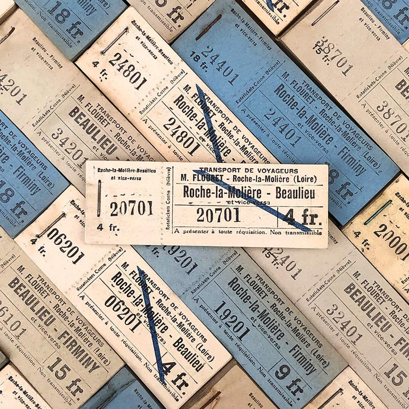 carnet de 100 tickets de bus car papier firminy beaulieu 1930 m flouret loire numéroté individuel numero unique ancien vintage