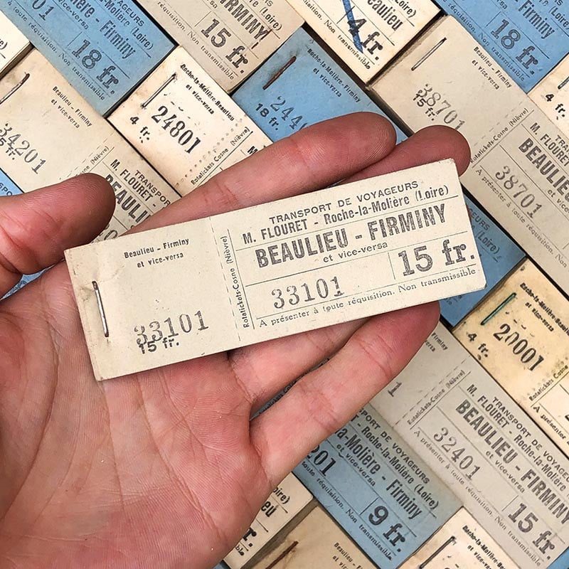 carnet de 100 tickets de bus car papier firminy beaulieu 1930 m flouret loire numéroté individuel numero unique ancien vintage