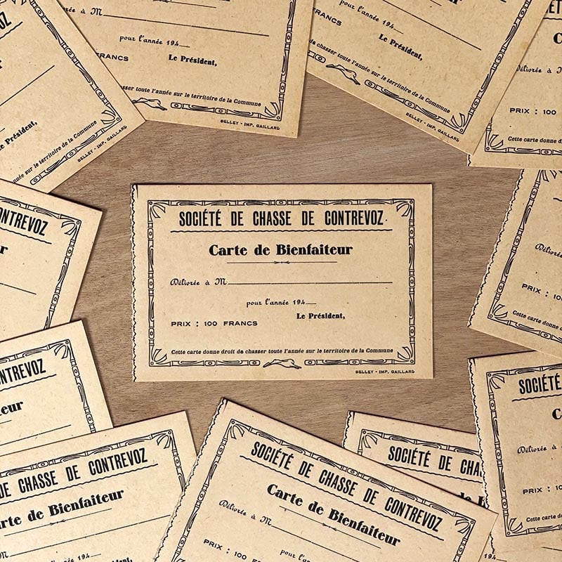 carte de bienfaiteur société de chasse de contrevoz 1940 chasseur foret animal