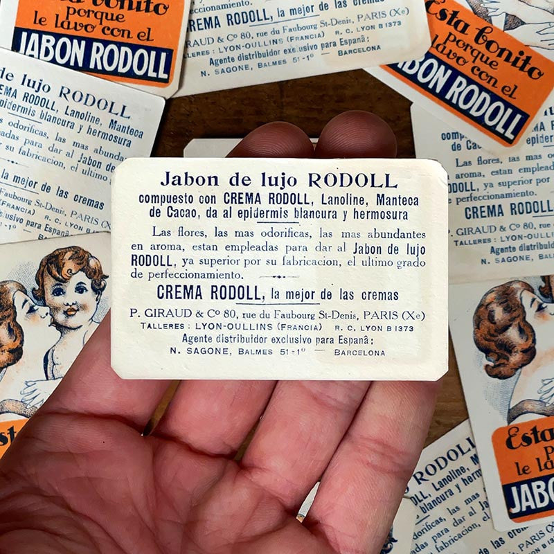 petite carte publicitaire savon rodoll ancienne vintage 1930 1940 parfumerie pharmacie illustrée illustration espagne jabon