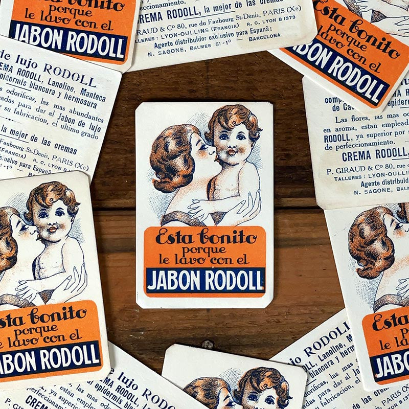petite carte publicitaire savon rodoll ancienne vintage 1930 1940 parfumerie pharmacie illustrée illustration espagne jabon