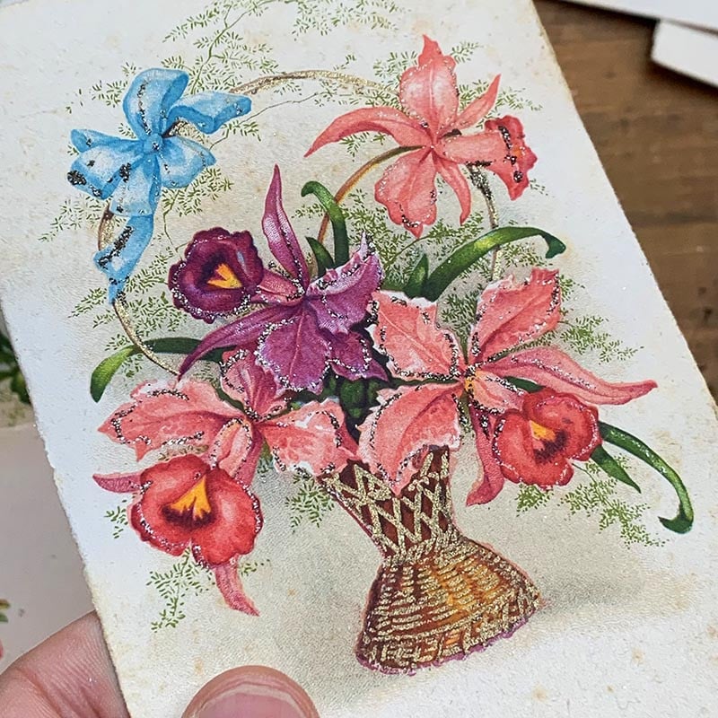 carte postale ancienne vintage photo chromo fleurs pailettes brillant fantaisie 1900 1910 1920 1930 couleur CP CPA france
