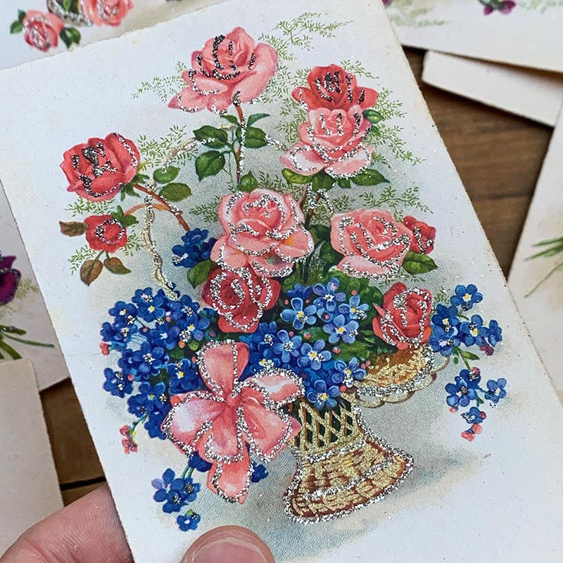 carte postale ancienne vintage photo chromo fleurs pailettes brillant fantaisie 1900 1910 1920 1930 couleur CP CPA france