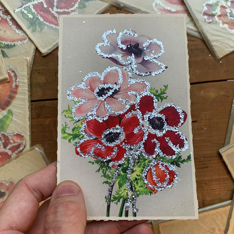 carte postale ancienne vintage photo chromo fleurs pailettes brillant fantaisie 1900 1910 1920 1930 couleur CP CPA france