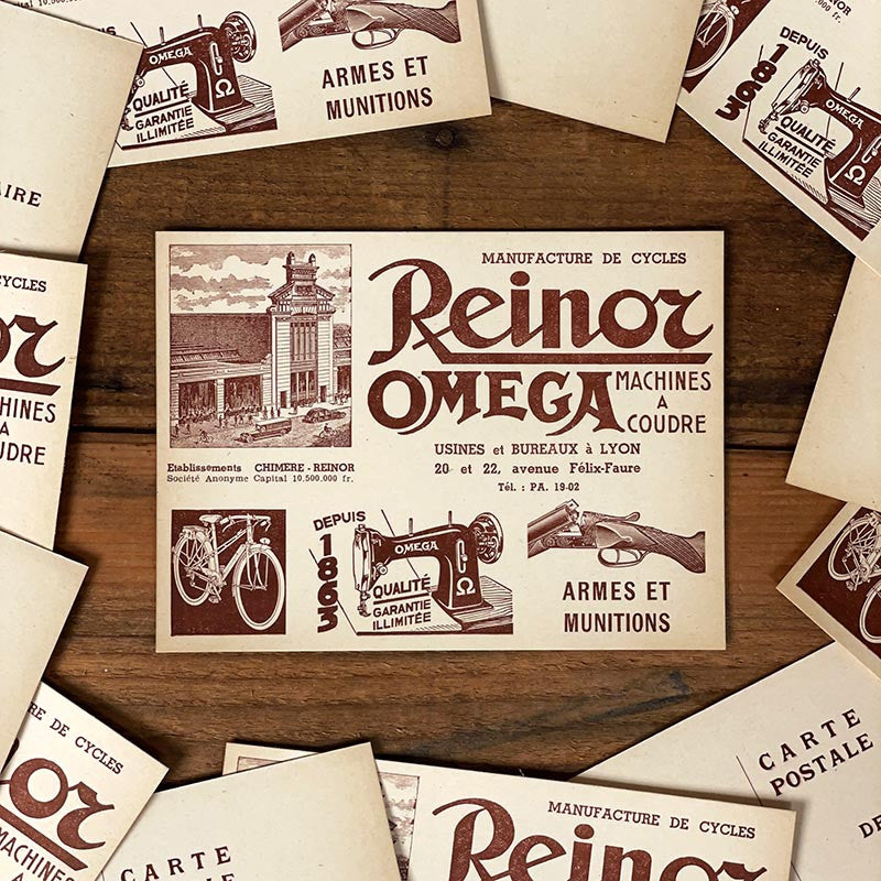 carte postale ancienne vintage reinor omega manufacture cycles machines à coudre armes lyon france 1920