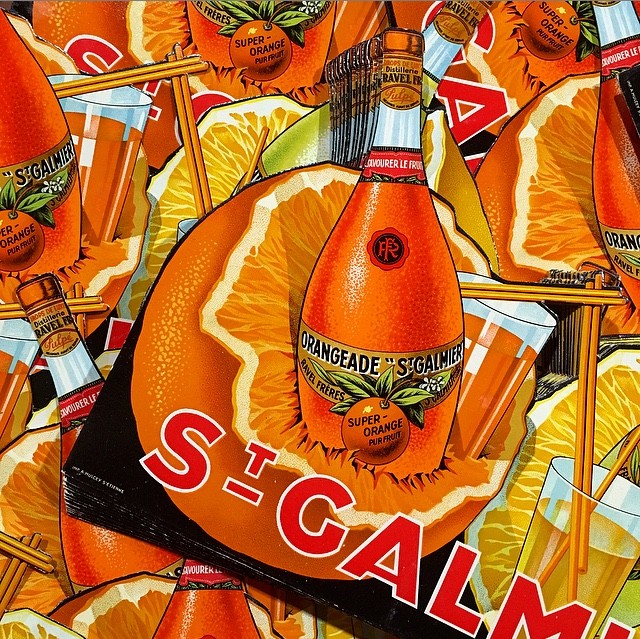 carton publicitaire ancien 2 bouteilles st galmier orangeade citronnade citron 1930 bistrot bar ravel frères codec