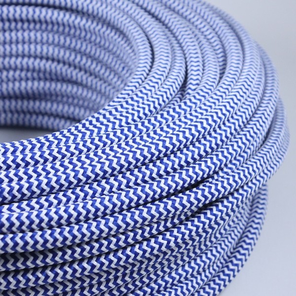 cable electrique couleur fil textile vintage tissu chevron bleu blanc rond luminaire lampe coloré