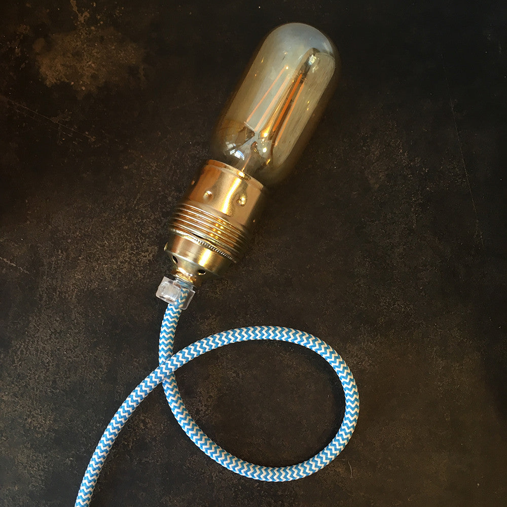 cable electrique couleur fil textile vintage tissu chevron bleu clair blanc rond coloré lampe luminaire