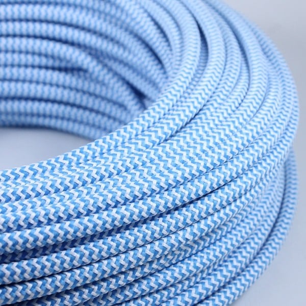 cable electrique couleur fil textile vintage tissu chevron bleu clair blanc rond coloré lampe luminaire