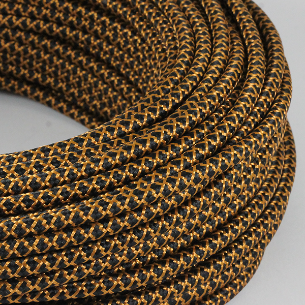 cable electrique couleur fil textile vintage tissu croisillon whisky or doré noir rond coloré luminaire lampe