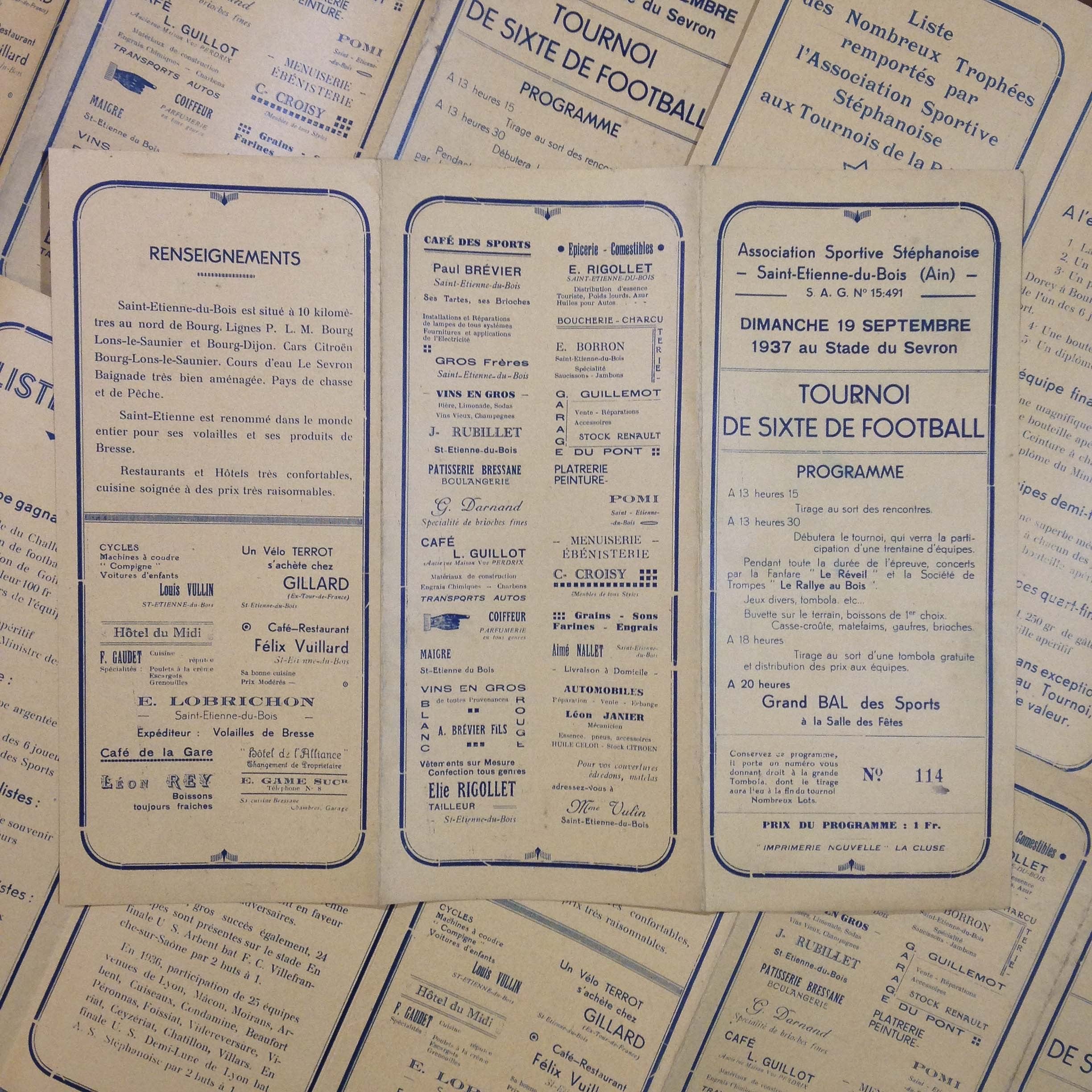 tournoi football foot dépliant papier ancien vintage imprimerie 1937