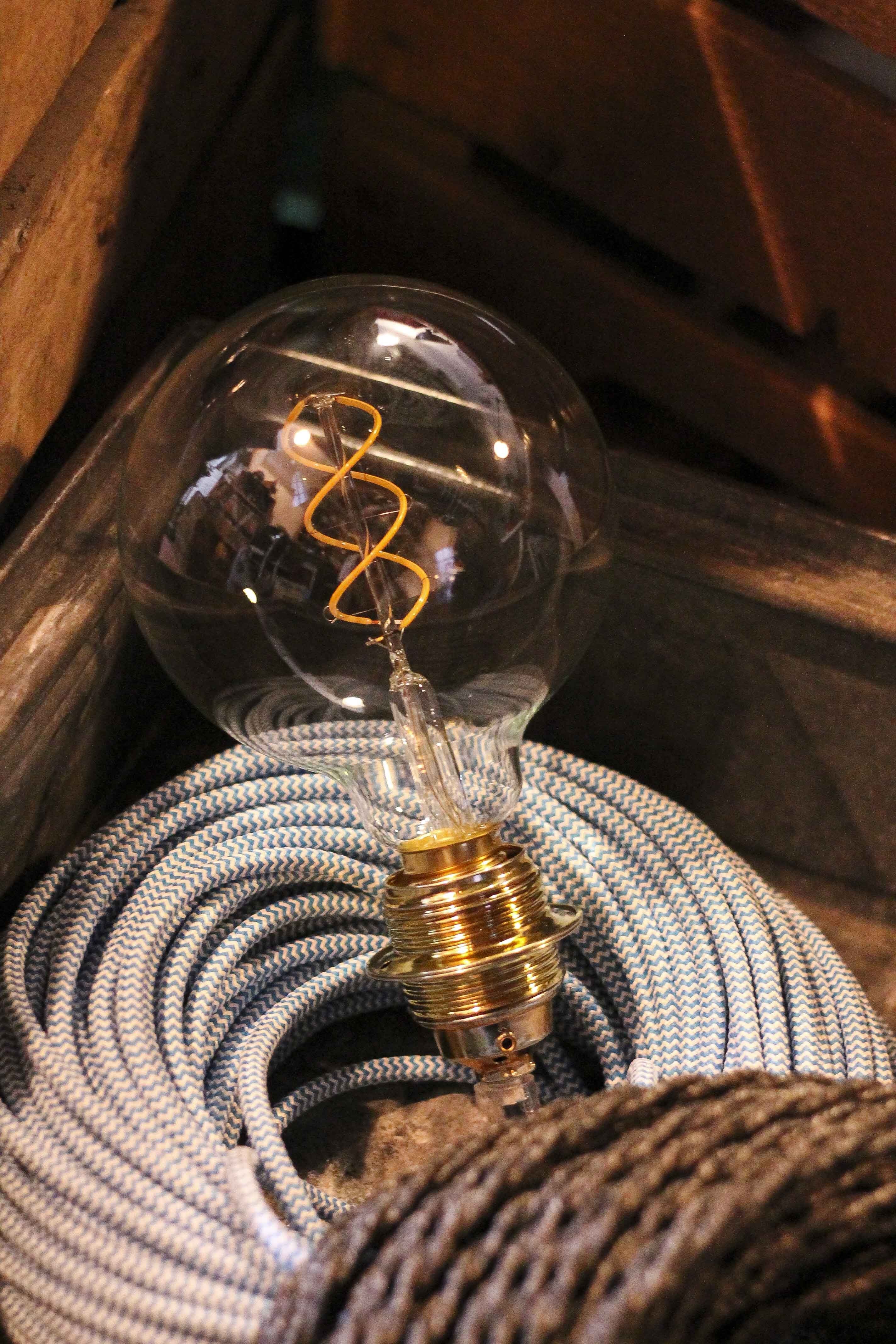 douille laiton bague e27 cable chevron bleu clair blanc ampoule led