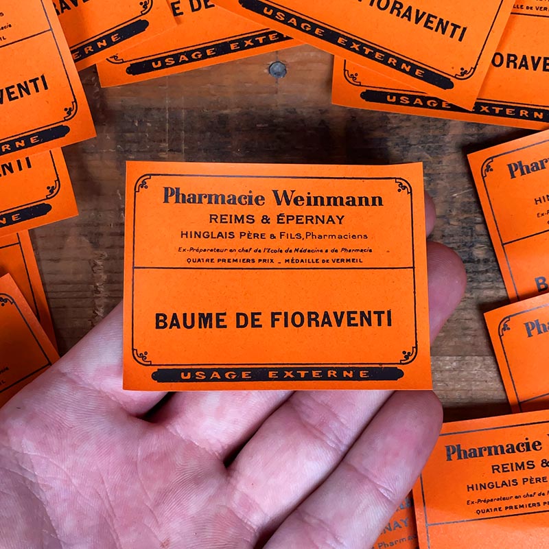 petite étiquette ancienne pharmacie hinglais reims epernay marne 1930 1920 baume de fioraventi