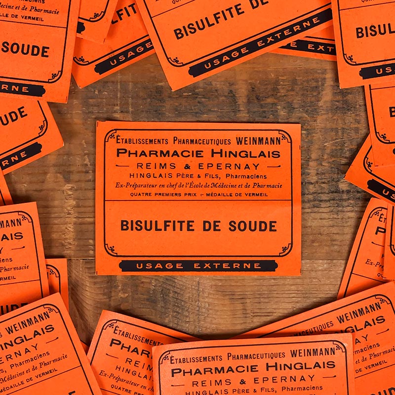 petite étiquette ancienne pharmacie hinglais reims epernay marne 1930 1920 bisulfite de soude