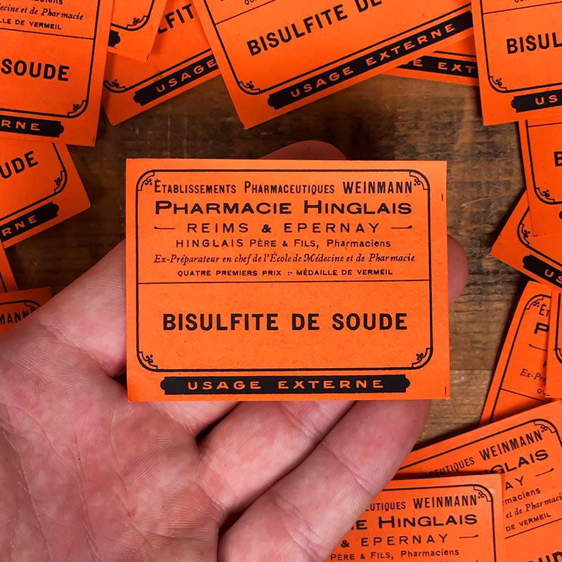 petite étiquette ancienne pharmacie hinglais reims epernay marne 1930 1920 bisulfite de soude