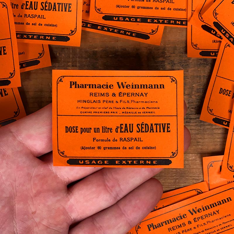 petite étiquette ancienne pharmacie hinglais reims epernay marne 1930 1920 dose pour un litre d'eau sédative formule raspail