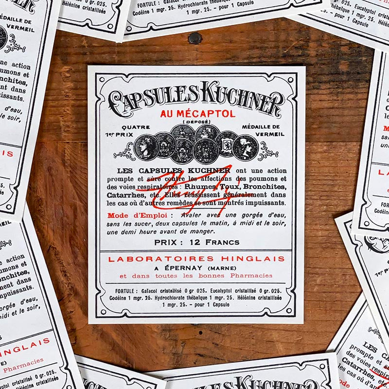 étiquette ancienne pharmacie hinglais reims epernay marne 1930 1920 capsules kuchner au mécaptol