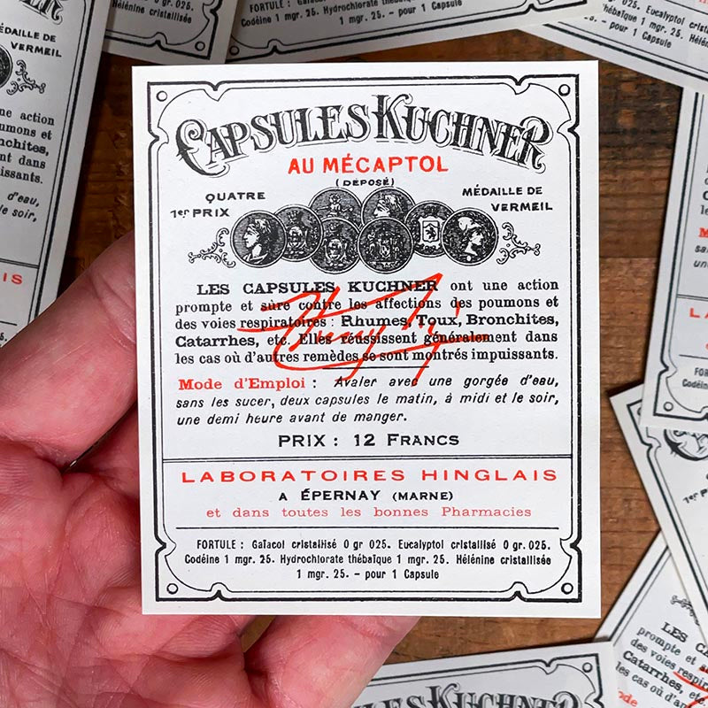 étiquette ancienne pharmacie hinglais reims epernay marne 1930 1920 capsules kuchner au mécaptol