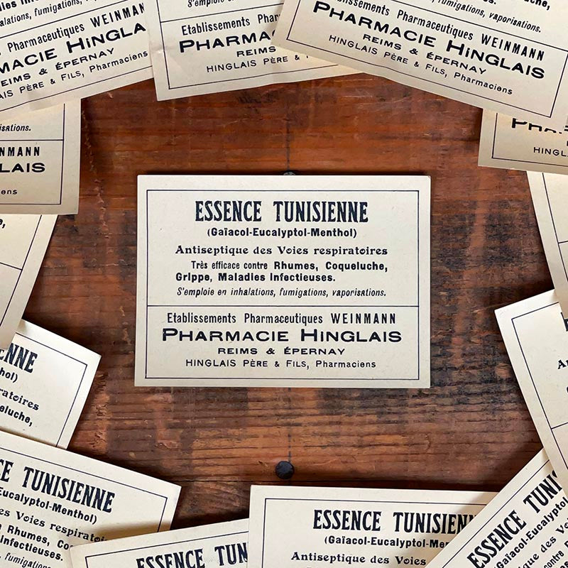 petite étiquette ancienne pharmacie hinglais reims epernay marne 1900 1920 essence tunisienne antiseptique respiratoire