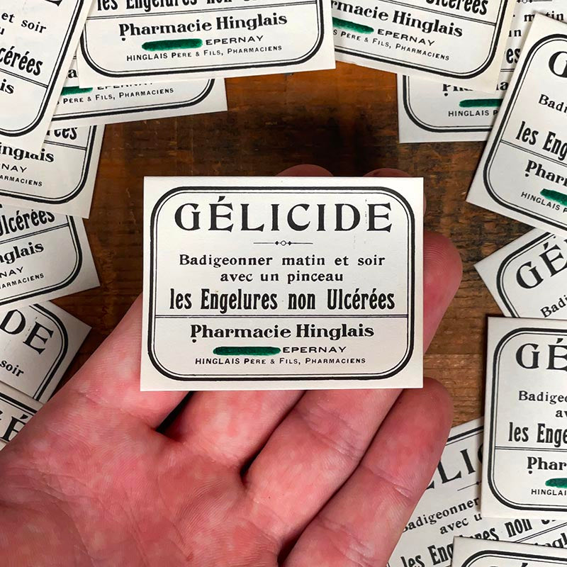 petite étiquette ancienne pharmacie hinglais reims epernay marne 1930 1920 gélicide engelures non ulcérées
