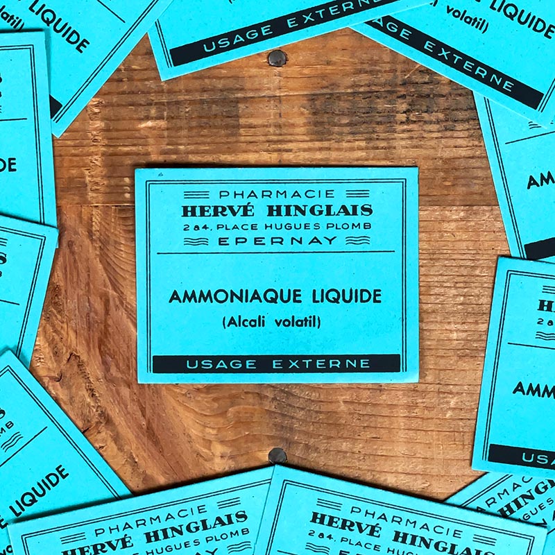 petite étiquette ancienne pharmacie hinglais reims epernay marne 1930 1920 ammoniaque liquide bleu alcali volatil