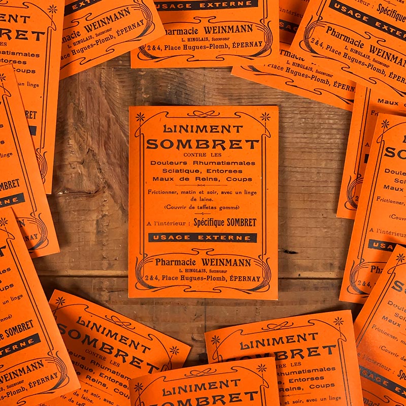étiquette ancienne pharmacie hinglais epernay marne 1900 1920 liniment sombret contre les douleurs rhumatismales