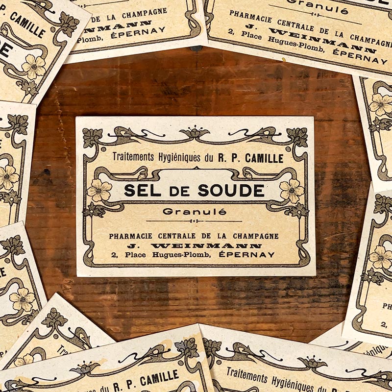 petite étiquette ancienne pharmacie hinglais epernay marne 1900 1920 sel de soude granulé épernay
