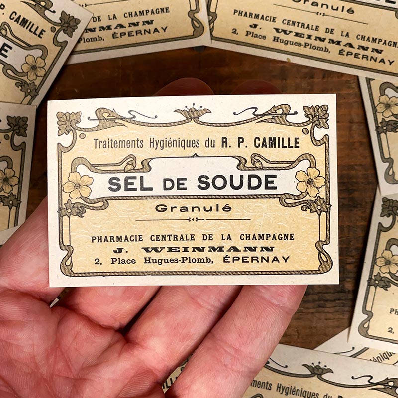 petite étiquette ancienne pharmacie hinglais epernay marne 1900 1920 sel de soude granulé épernay