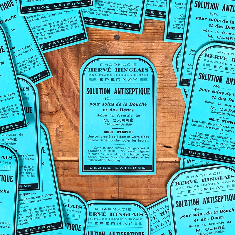 petite étiquette ancienne pharmacie hinglais epernay marne 1900 1920 Solution Antiseptique Bouche et Dents