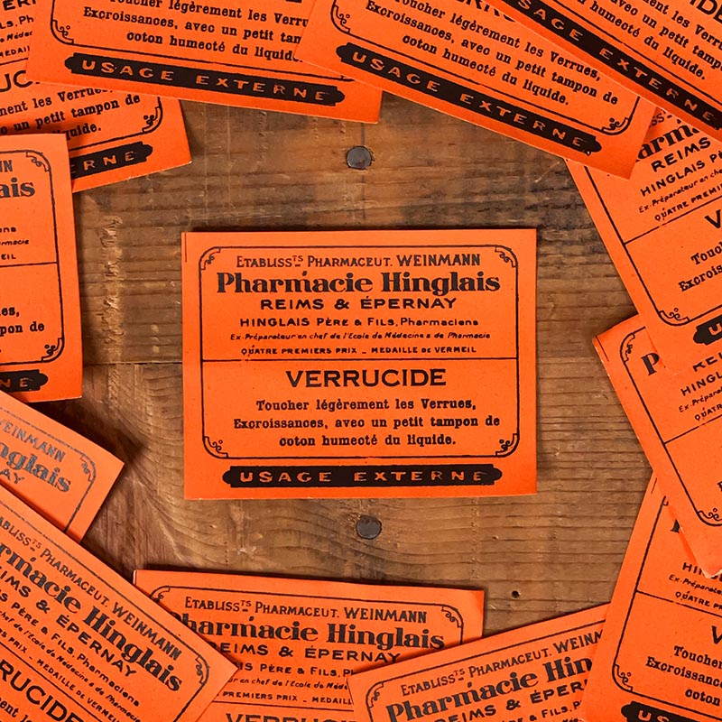 petite étiquette ancienne pharmacie hinglais reims epernay marne 1900 1920 verrucide anti verrues