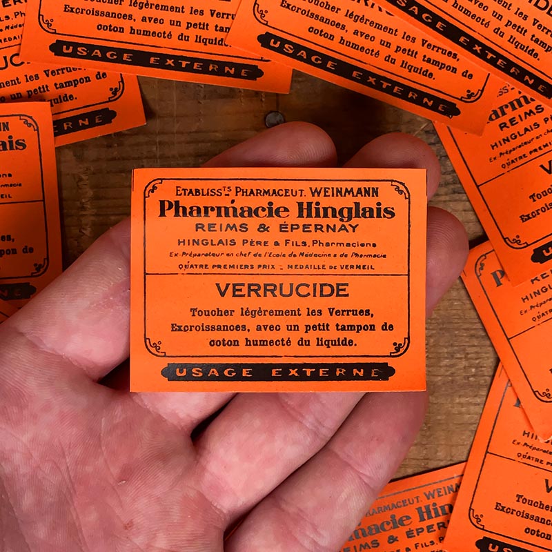 petite étiquette ancienne pharmacie hinglais reims epernay marne 1900 1920 verrucide anti verrues