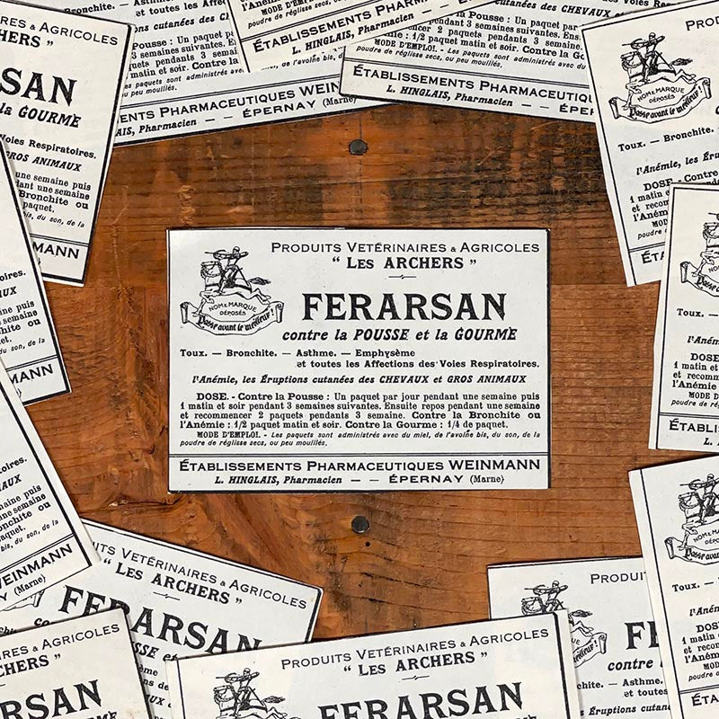 étiquette ancienne pharmacie hinglais epernay marne 1900 1920 produit vétérinaire les archers Ferarsan contre la Pousse et la Gourme