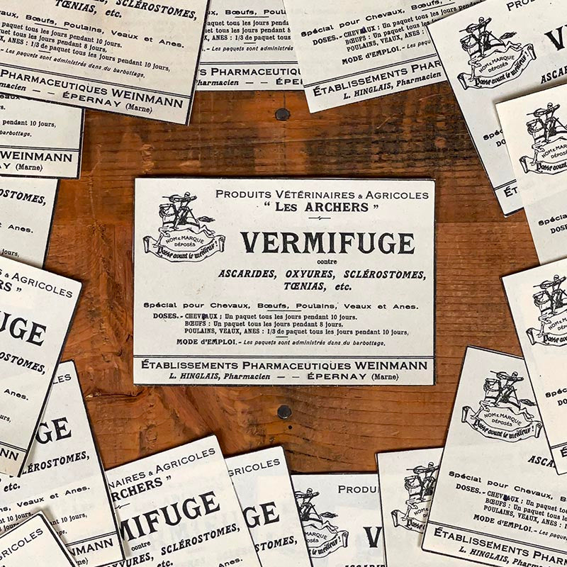 étiquette ancienne pharmacie hinglais epernay marne 1900 1920 produit vétérinaire les archers vermifuge ascarides oxyures sclérostomes toenias