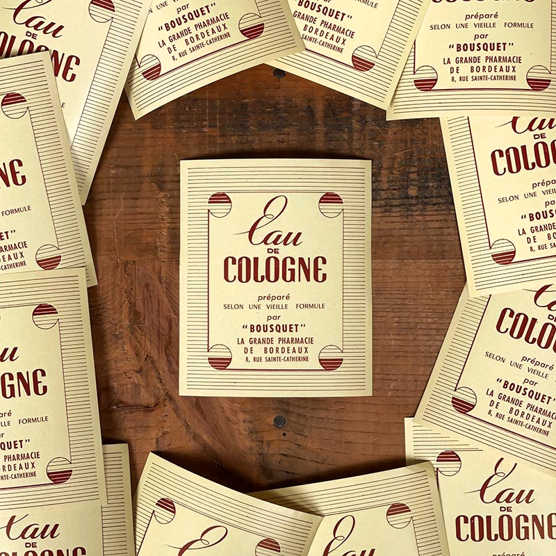 étiquette ancienne de pharmacie eau de cologne bousquet bordeaux vintage 1960
