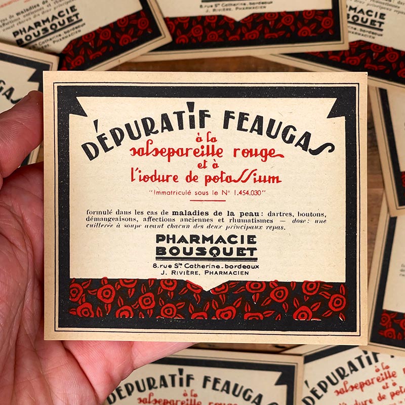 étiquette ancienne de pharmacie bousquet bordeaux vintage 1930 dépuratif feaugas salsepareille rouge