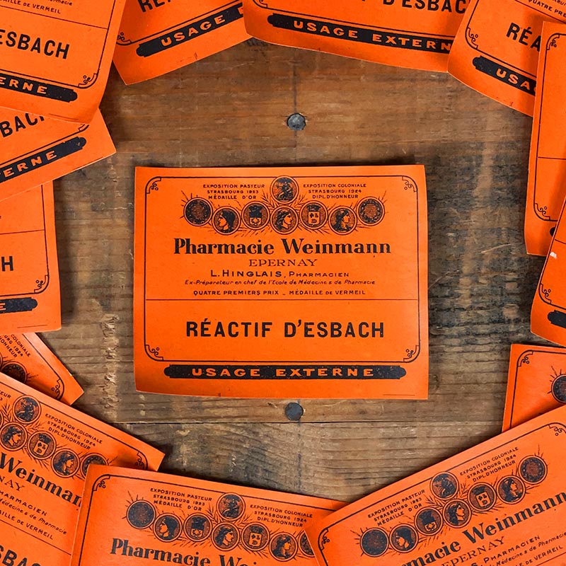 petite étiquette ancienne pharmacie hinglais reims epernay marne 1920 réactif d'esbach esbach