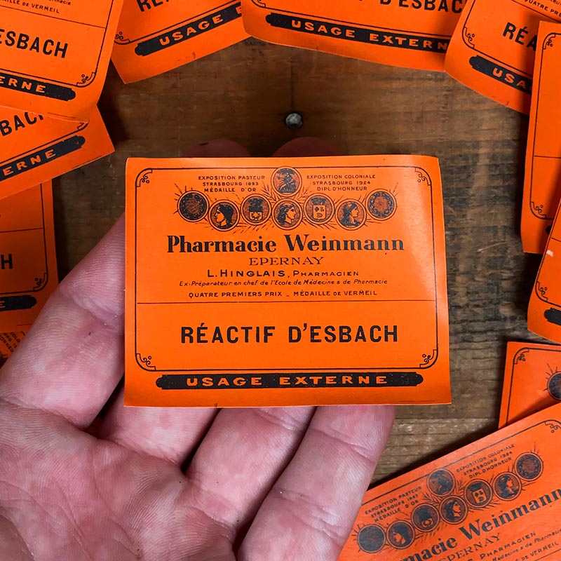 petite étiquette ancienne pharmacie hinglais reims epernay marne 1920 réactif d'esbach esbach