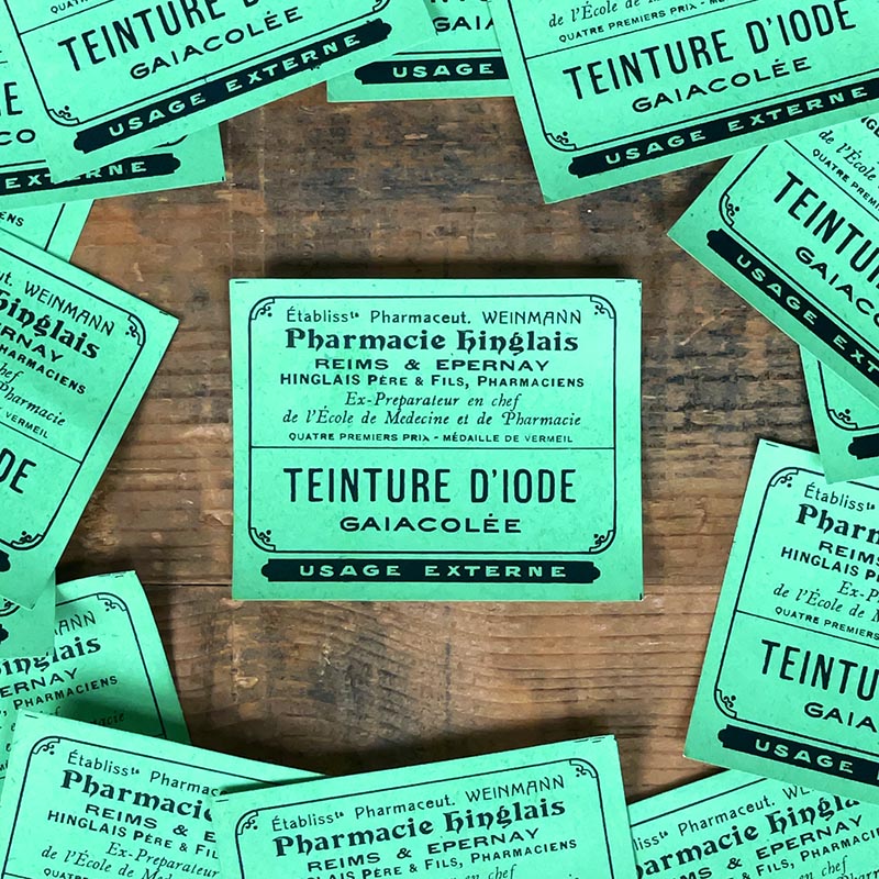 petite étiquette ancienne pharmacie hinglais reims epernay marne 1930 1920 teinture d'iode gaiacolée