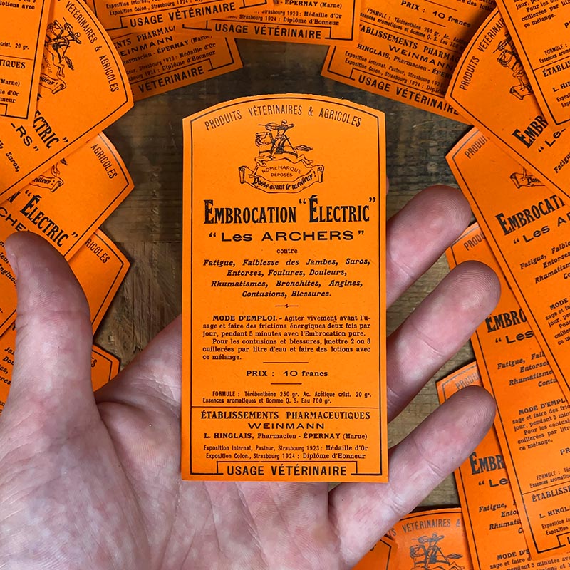 étiquette ancienne pharmacie hinglais epernay marne 1900 1920 embrocation electric les archers vétérinaire
